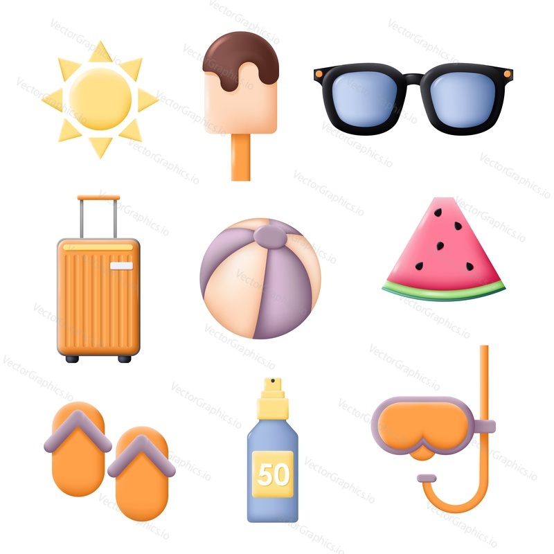Summer icon isolated vector set. Sunscreen, sunglasses, inflatable ball, ice-cream, slippers, sun, luggage bag, watermelon slice, diving snorkeling mask holiday vacation item illustration