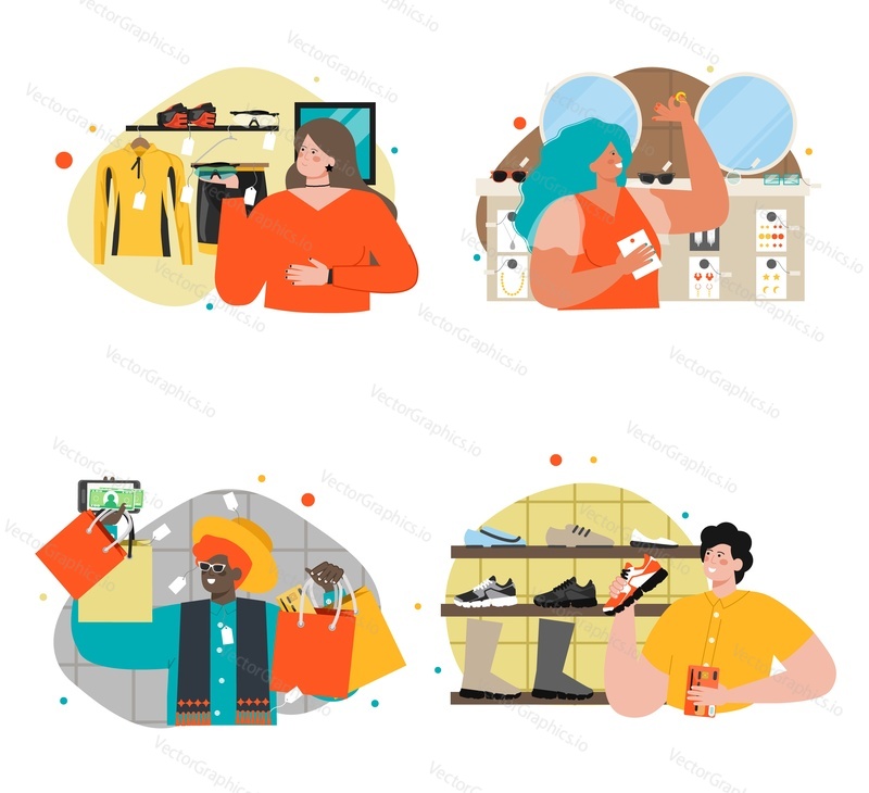 People at fashion clothes shop store flat vector set. Man and woman choosing new trendy outfit shopping with sale discount at clothing boutique illustration