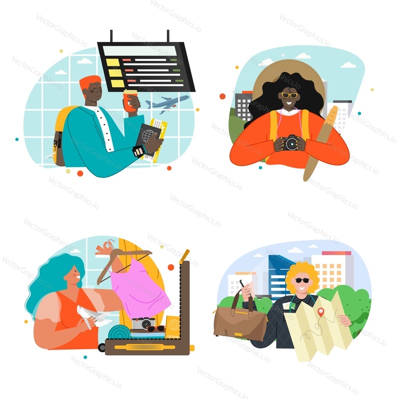Travel people isolated vector scene. Adventure set. Man and woman tourist cartoon character visit foreign country illustration. Person at airport, shopping tour on vacation