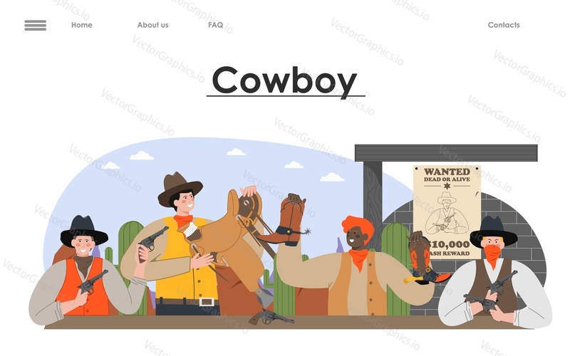 Плоская целевая страница с персонажем ковбойского мультфильма. Шаблон веб-баннера тематической вечеринки. Ранчо на диком западе в пустыне с иллюстрацией офицера шерифа и бандита