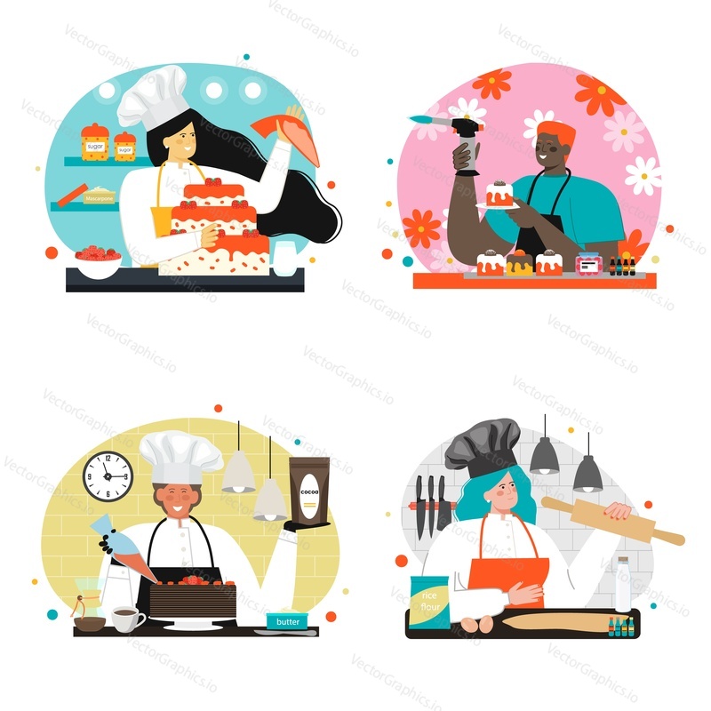 Professional confectioner pastry chef vector scene set. Man woman baker in apron cooking cake for holiday or celebration, cupcakes with frosting and candies illustration