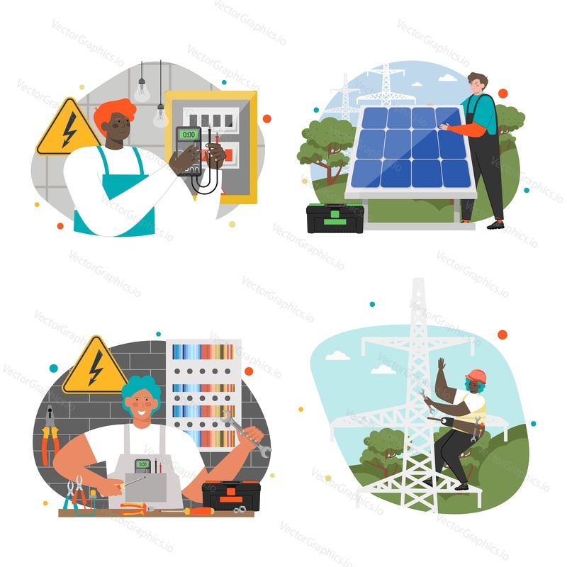 Electricity works vector set. Professional worker in uniform repair electrical elements illustration in cartoon style. Traditional and alternative power concept