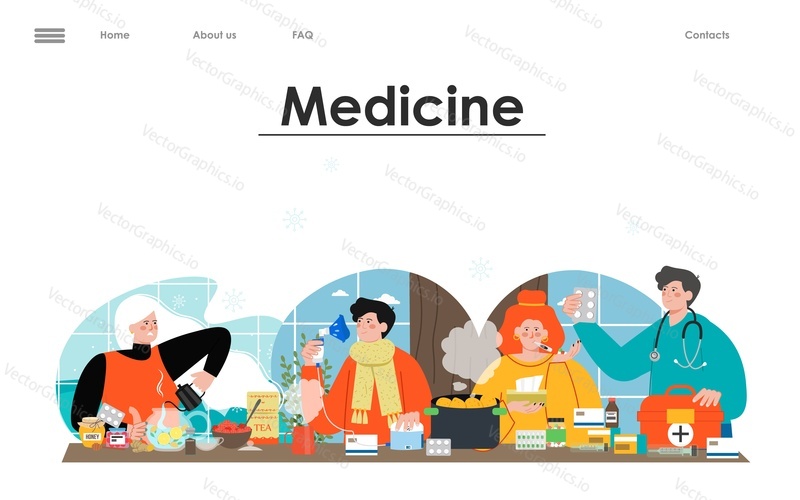 Шаблон плоской целевой страницы для медицины и аптеки. Иллюстрация лечения больных людей. Поддержание иммунитета и сезонных заболеваний, лечение гриппозной инфекции. Веб-баннер клиники или больницы