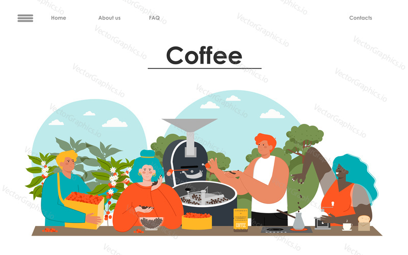 Coffee production farm vector landing page template mockup. Female and male farmer harvesting raw ripe beans illustration. Arabica, robusta and liberica cultivation and manufacture