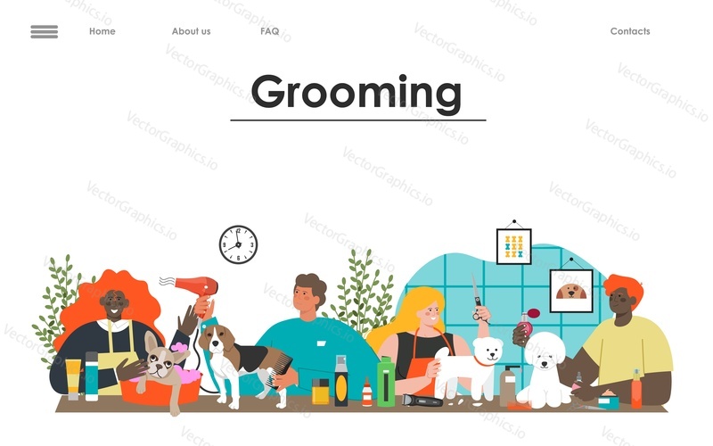 Pet grooming service flat vector landing page. Groomer making dog haircut taking care of canine fur illustration. Barber pedigree salon website