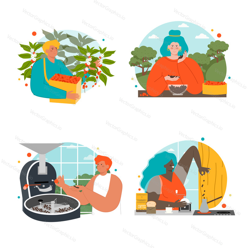 Farming coffee production stages flat vector scene set. Man woman farmer picking, loading to industrial grinder, drying and roasting coffee beans illustration