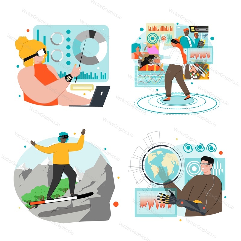 Metaverse concept. People isolated scene vector set. Men and women in VR headset using cyberspace for work, playing game, study and science illustration
