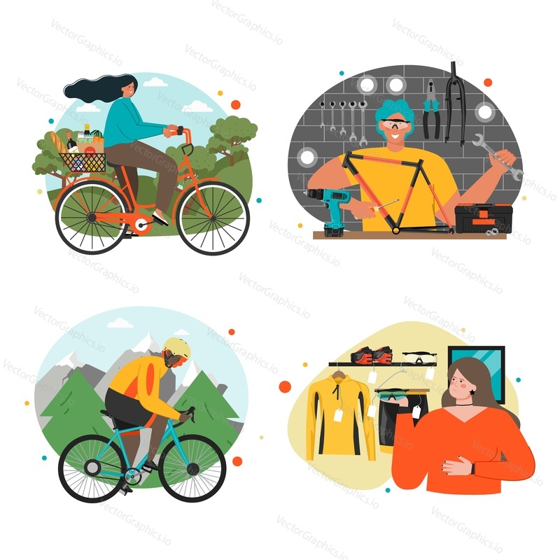 People bicyclist sport activity, shopping and repair vector set. Man and woman exercising on nature, doing purchase at showroom, fixing transport at workshop illustration
