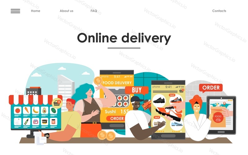 Online shop delivery service vector landing page template. Flat cartoon people order food and clothes on internet using mobile application and e-shop illustration. Shopping and purchases delivering