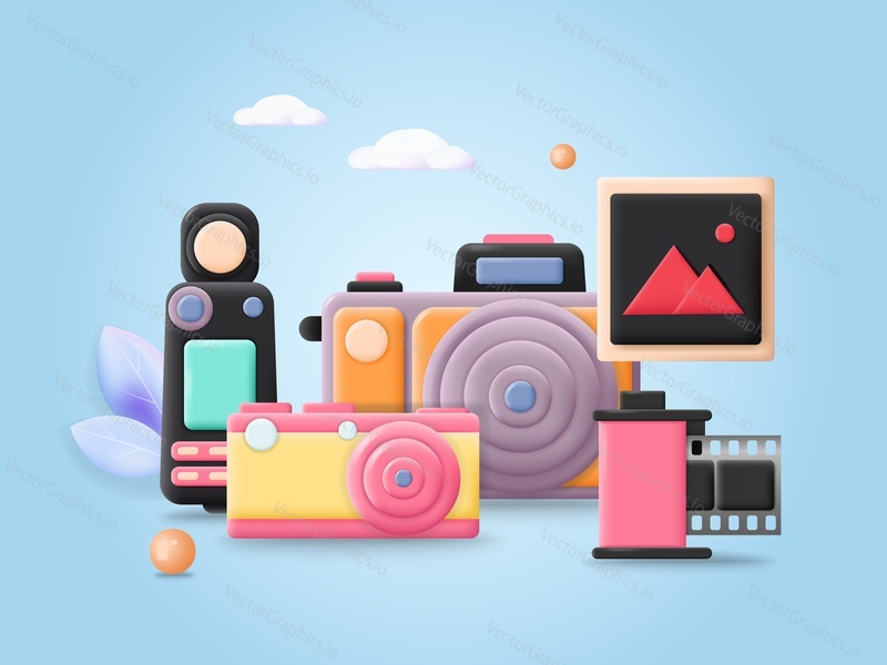 Digital photo camera with flash light collection 3d vector poster. Professional photography and equipment concept