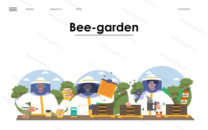 Bee garden vector landing page. Professional farmer work with hive on honey production illustration. Apiary worker extracting organic product. Beekeeping on natural farm