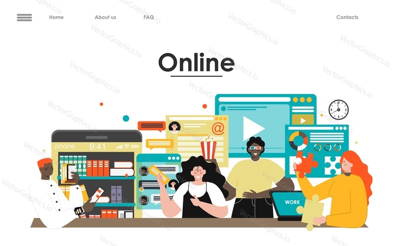 Variety of online services for study, work and rest vector landing page template. People enjoy finding information, working, learning and relaxing on internet illustration