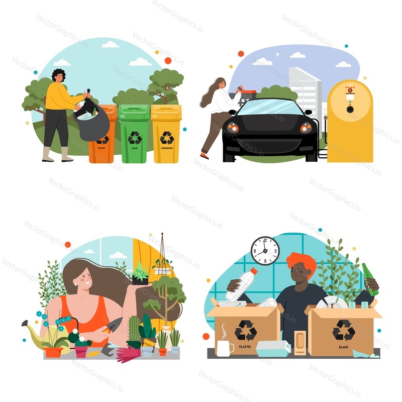 People practicing garbage collection, sorting and recycling vector set. Man and woman putting trash eco trash can and container illustration. Ecology and environment protection concept