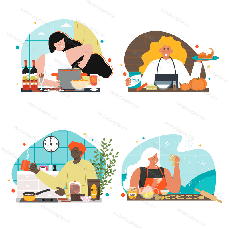 People cooking seasonal food dish vector scene set. Man and woman character preparing healthy organic meal at home kitchen flat cartoon illustration