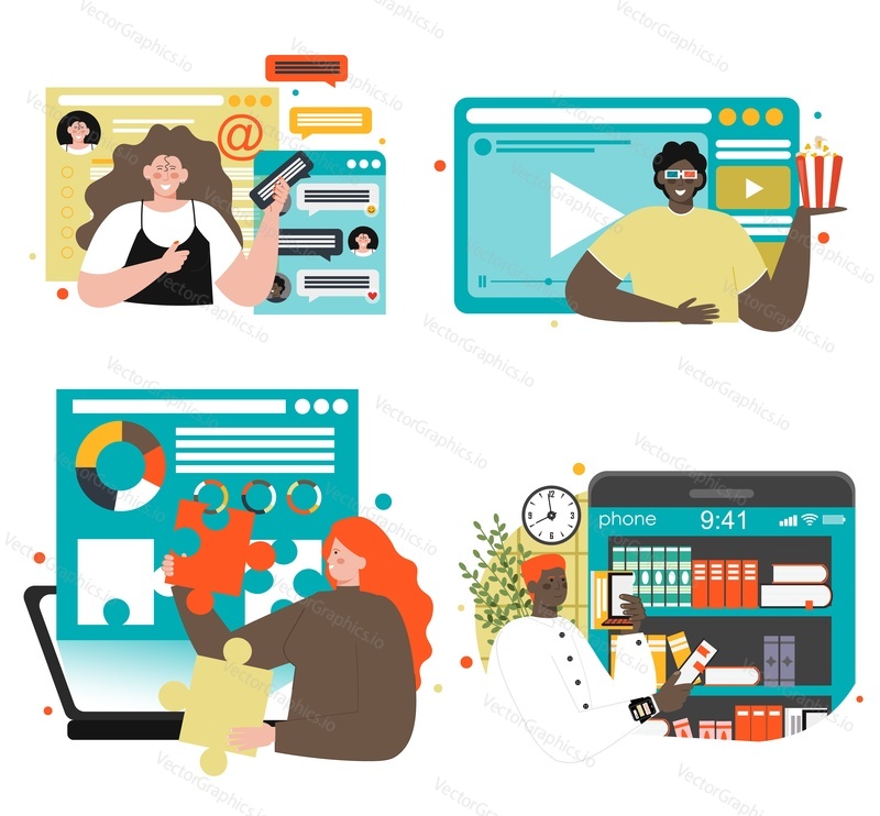 People using different online service and apps to study, work and rest vector scene set. Development of video content, programming, education, watching cinema and reading book on internet illustration
