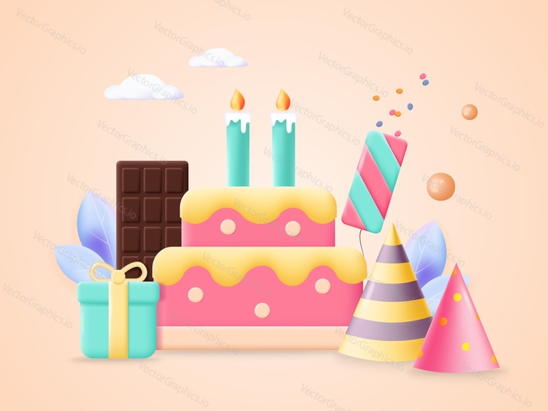 Happy birthday decoration. Greeting card template with 3d vector cake and candles, chocolate, festive caps, gift box and confetti firecrackers illustration