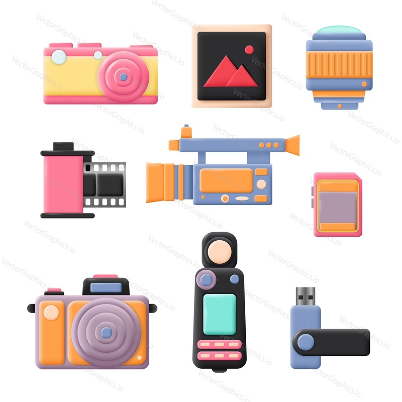 Vintage retro and modern photo camera vector icon set. Isolated digital and analogue photographer equipment and technique illustration