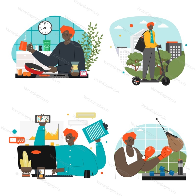 Man daily routine vector. Life and work scene. Morning breakfast eating at home, eco-transportation to workplace, everyday office job, time to sport activity illustration