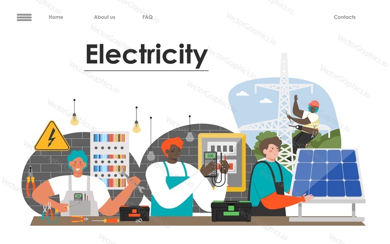 Electricity service vector landing page template. Handyman working and repairing big solar panel, lightbulb, electric generator. Traditional and clean renewable energy concept