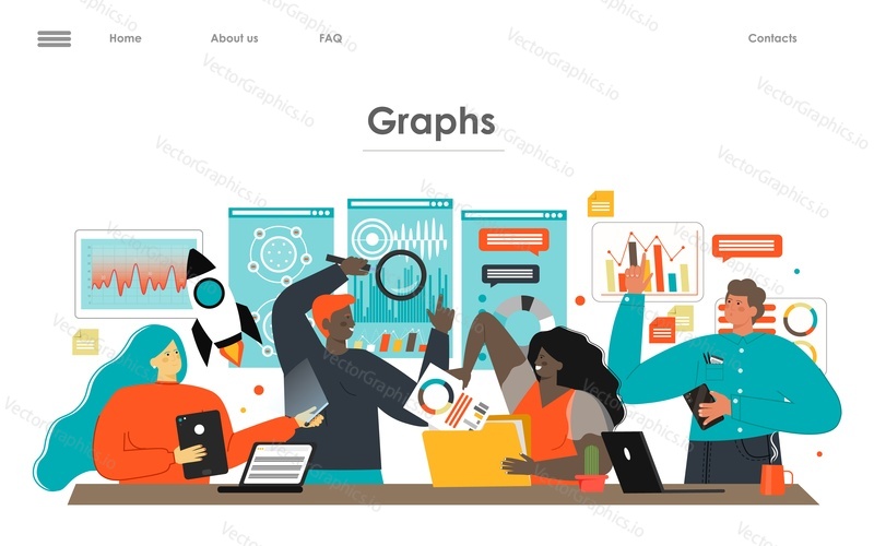 People build dashboard and interact with graphs. Vector landing page design template. Data analysis office situation. Digital marketing analyst. Business startup concept