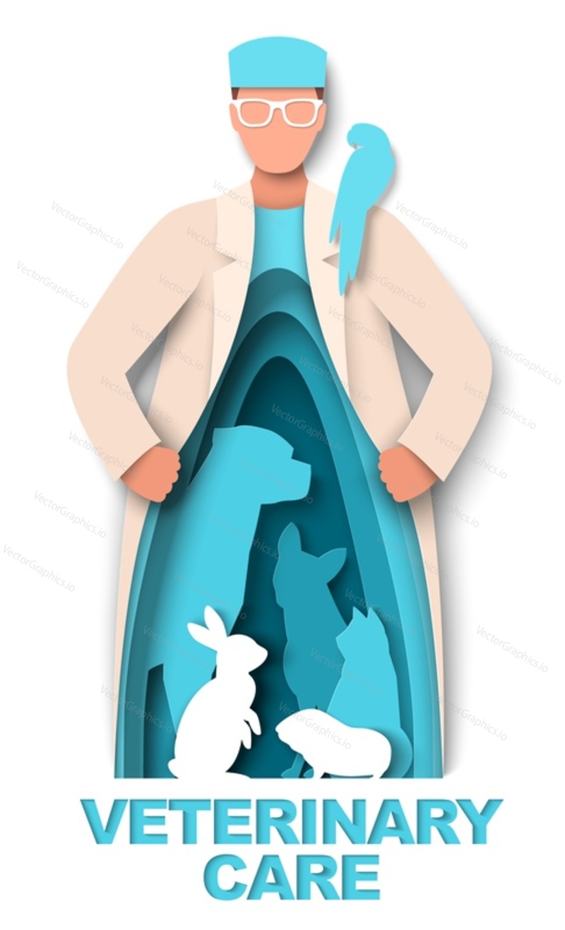 Векторная иллюстрация ветеринарной помощи с домашними животными в креативном дизайне рисунка доктора из бумаги. Мужчина-ветеринар в униформе, защищающий домашних животных