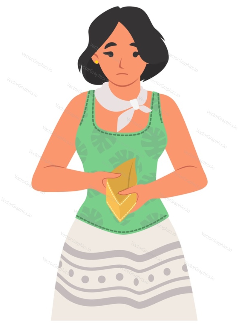 Unhappy sad young woman character showing wallet with no money vector illustration. Puzzled businesswoman with empty purse having financial crisis and poor monetary situation