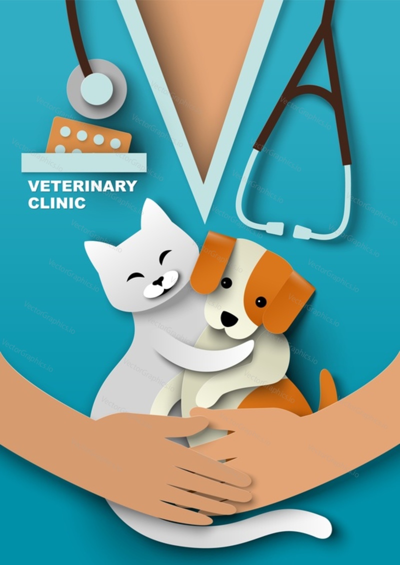 Veterinary clinic vector illustration. Wet doctor in uniform holding cute kitten and puppy in hand background. Domestic animals healthcare and treatment professional service concept