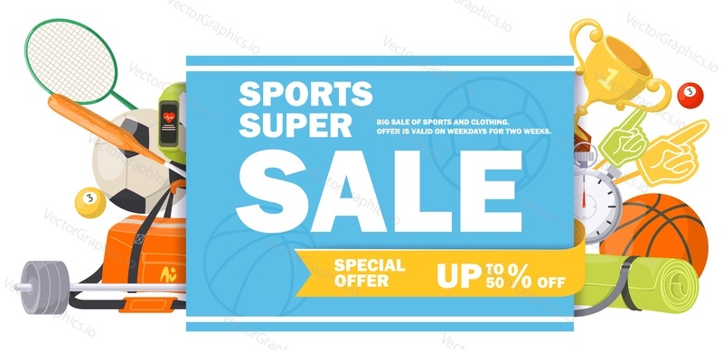 Super sale in sport store shop advertising poster, promotion banner or flyer design template. Special discount on training accessories, sportswear and fitness stuff item shopping vector illustration