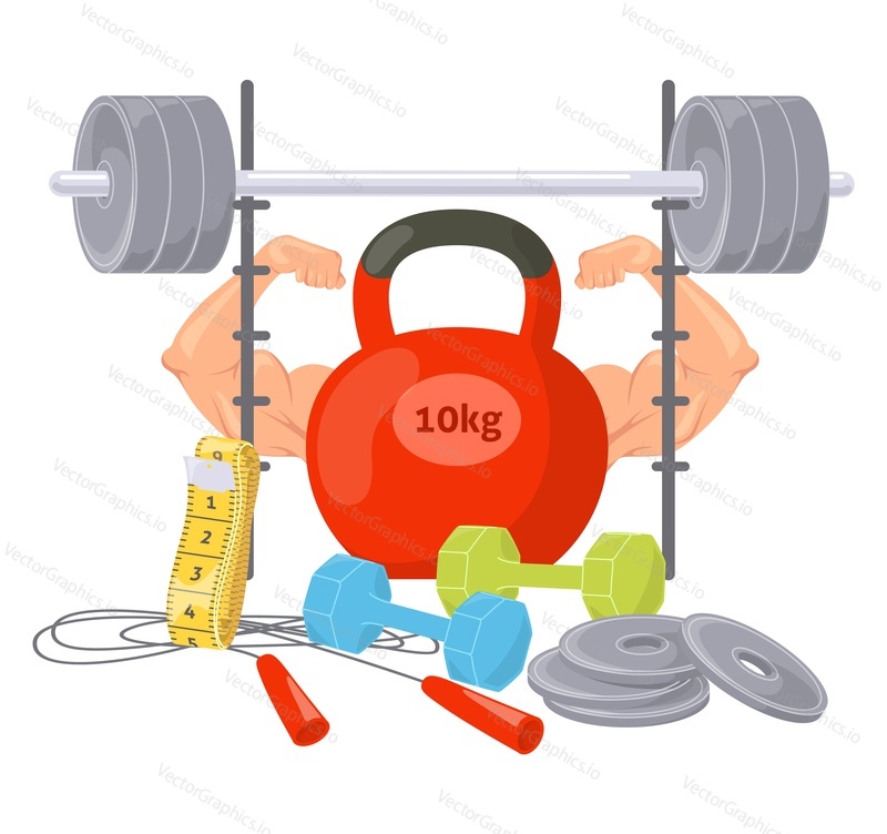 Sport vector poster. Strong muscular body building, powerlifting and weight correction concept. Fitness gym club equipment for training workout design illustration. Healthy active lifestyle promotion