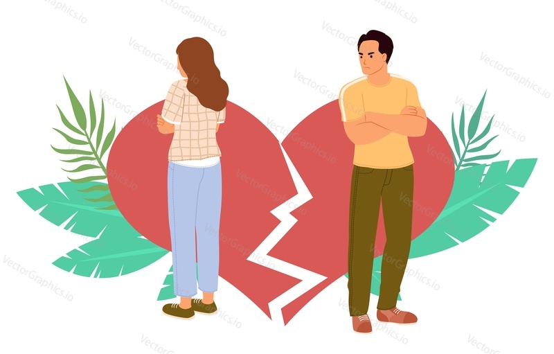 Несчастная пара мужчин и женщин, конфликтующая, стоя отдельно из-за разбитого сердца на заднем плане. Развод, кризис и плохие отношения в семейной векторной иллюстрации