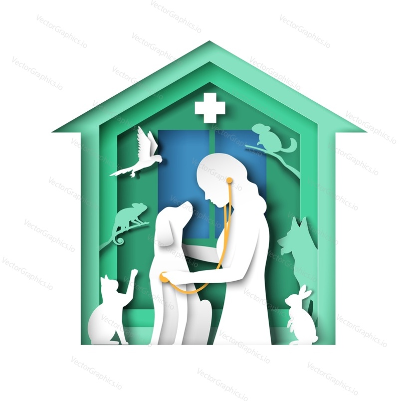 Female veterinarian doctor silhouette providing dog checkup using stethoscope creative papercut vector illustration with different domestic animals in shape of home