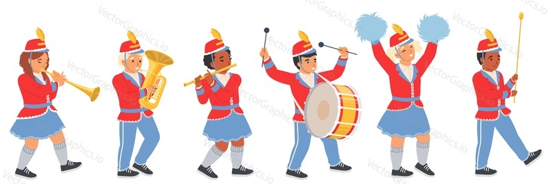 Military orchestra children character marching playing music instrument. Festive parade of cute kids band performing with drum, brass horn, trombone and flute walking isolated on white background