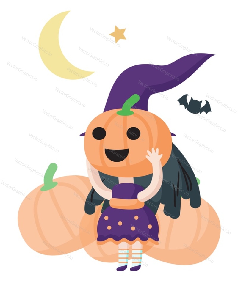 Funny cartoon witch girl character holding creepy carved pumpkin front of face vector illustration. Trick or treat, Halloween holiday party celebration concept