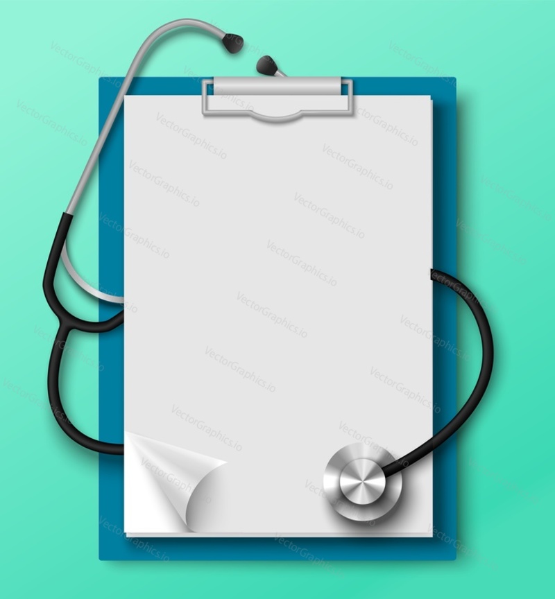 Medical clipboard with blank empty paper and stethoscope doctor tool realistic vector illustration. Frame for patient information card and treatment prescription. Medicine and healthcare concept