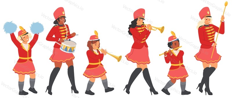 Векторная иллюстрация марша женского оркестра для взрослых и детей. Симпатичная марширующая молодая женщина и дети в красной униформе, играющие на музыкальном инструменте, изолированные на белом фоне