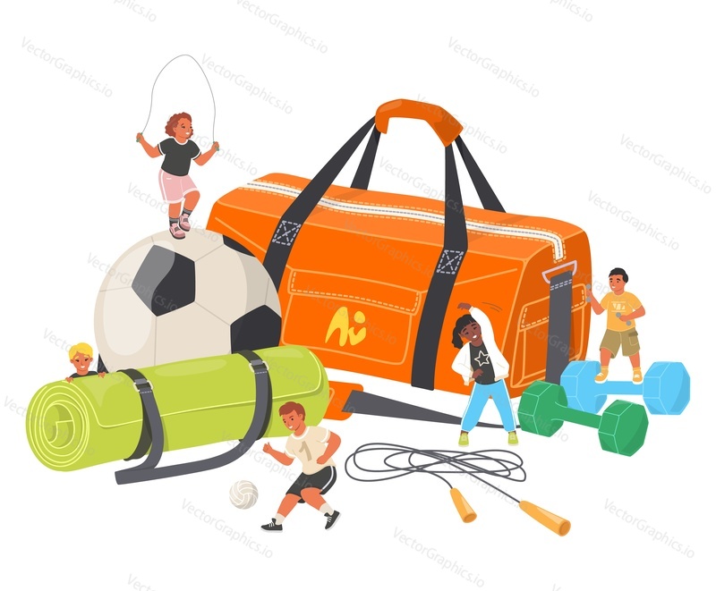 Sport vector poster. Cartoon tiny children characters doing physical exercise training workout, enjoying healthy active lifestyle over huge fitness stuff illustration