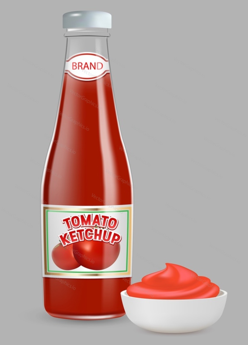 Векторная иллюстрация бутылки томатного кетчупа и керамической тарелки-миски. Фирменный дизайн упаковки соуса для еды. Вкусная приправа для быстрого перекуса