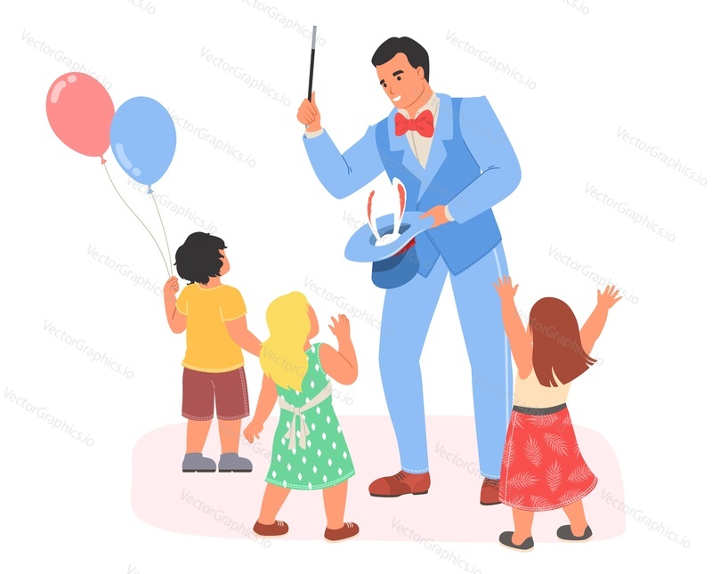 Illusionist making magic show for kids vector illustration. Happy overjoyed children watching live performance of male magician isolated on white background. Children party