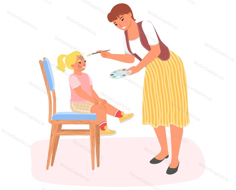 Woman beautician artist making aqua makeup for little girl painting on kid face vector illustration isolated on white background