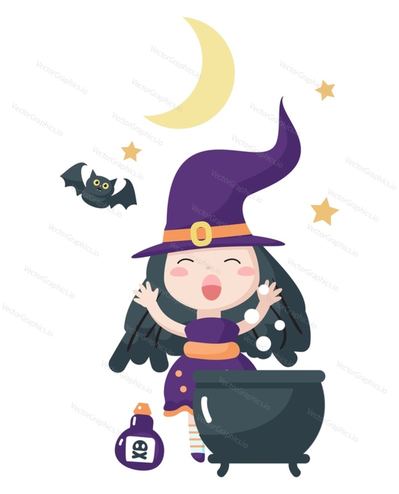 Cute little witch brewing potion in cauldron and reading spell vector illustration. Witchery and sorcery concept. Happy Halloween greeting card design template