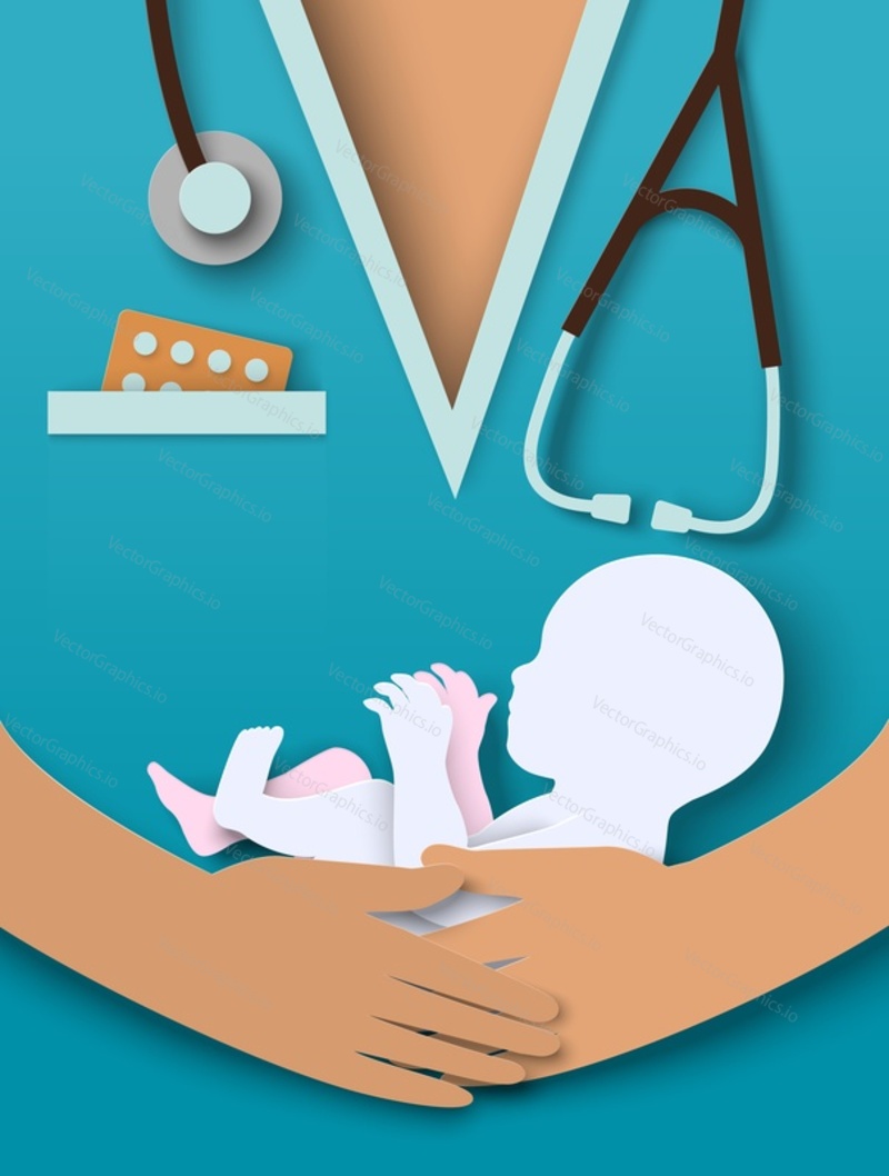 Obstetrics and gynecology background. Newborn baby in hand of doctor in uniform vector illustration. Child birth medical poster design
