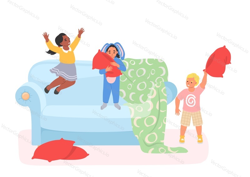 Happy cheerful kids having fun enjoying pillow fight game jumping on home sofa couch vector illustration isolated on white background