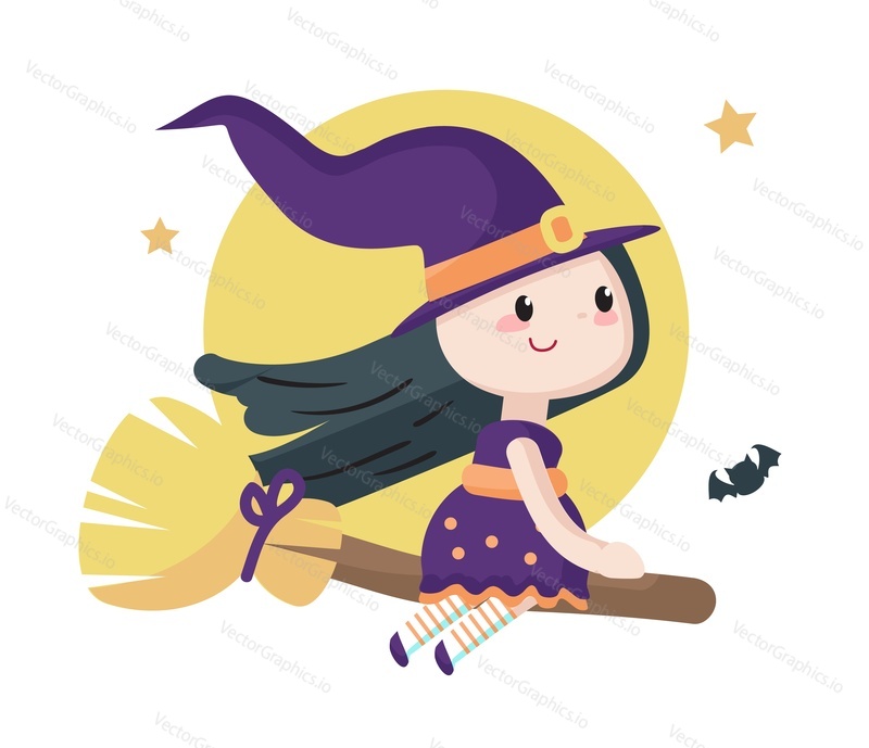 Cute happy cartoon Halloween witch fantasy character wearing costume flying on broomstick over full moon in sky vector illustration. Magic hallows eve in autumn season