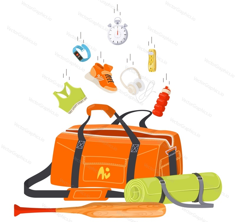 Sport vector poster with training accessories falling into bag illustration. Fitness supply for workout and equipment stuff for physical exercise