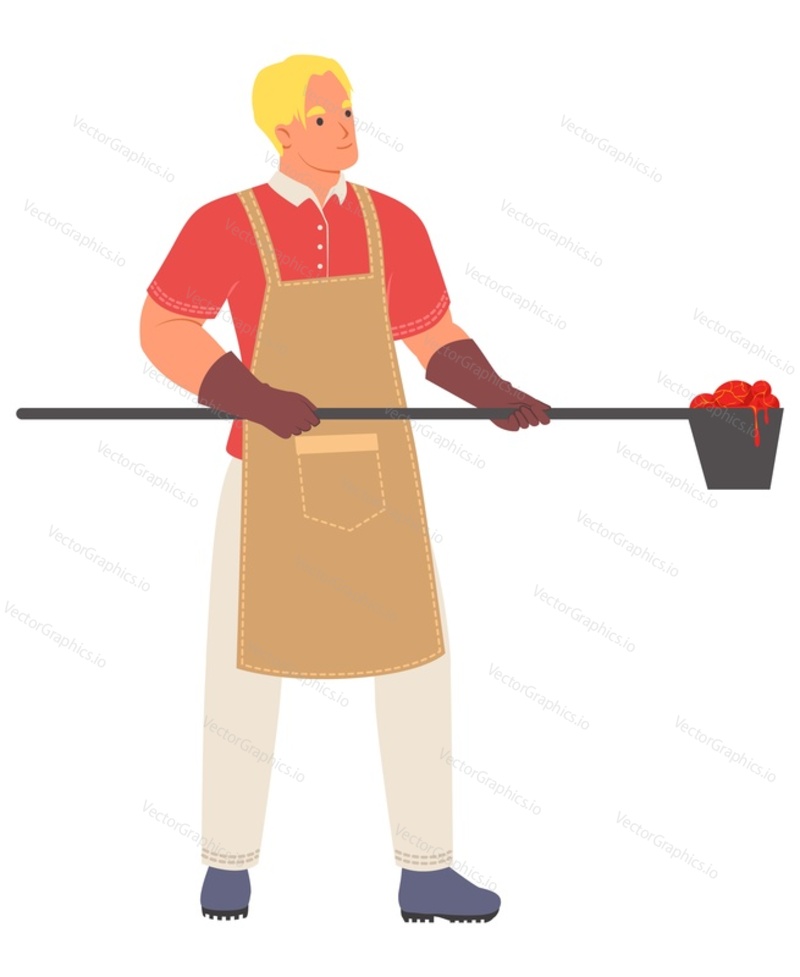 Blacksmith character wearing in apron carrying molten iron metal in ladle engaged in forging process vector illustration isolated on white background