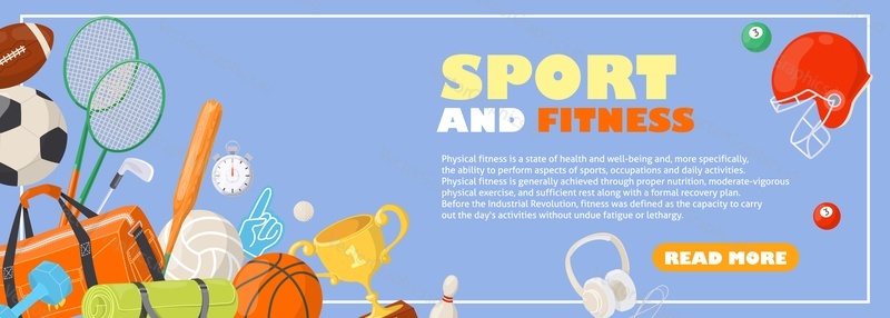 Sport and fitness informational header website banner design with . training equipment, sportive rewards for success vector illustration. Active healthy lifestyle promotion