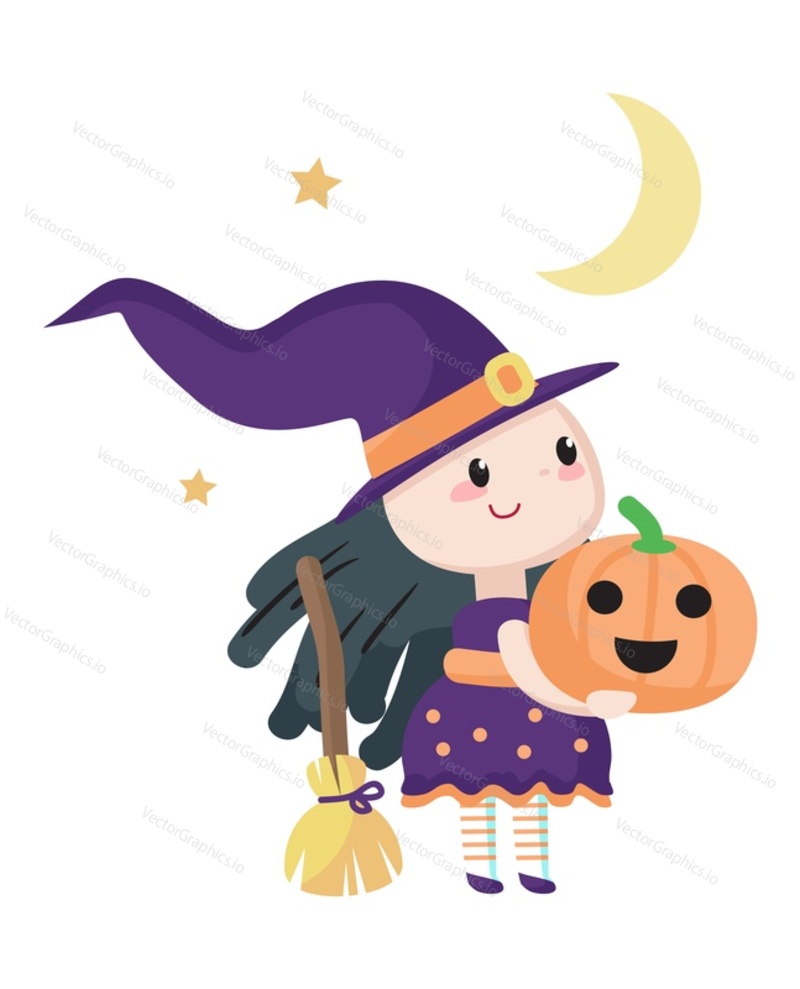 Charmed little witch girl child cartoon Halloween character vector illustration. Small sorceress holding carved pumpkin jack-o-lantern tradition autumn symbol