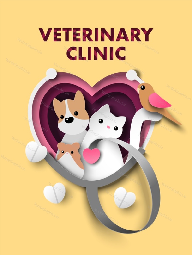 Векторная иллюстрация ветеринарной клиники с милыми домашними животными в рамке в форме сердца, вырезанной из бумаги. Концепция обслуживания домашних животных для медицинского обслуживания, вакцинации и лечения