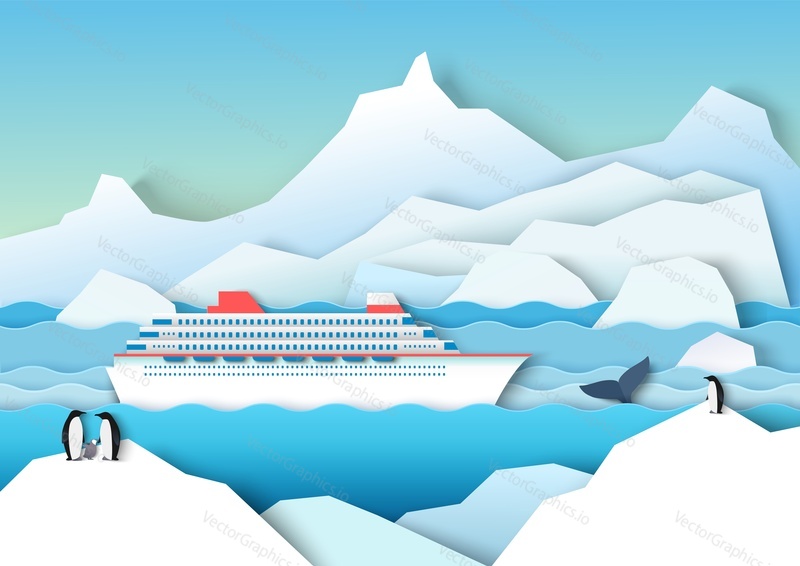 Antarctica cruise paper cut vector background. North scenery with icebergs floating in ocean and penguins illustration in craft style. Icy nature landscape with passenger liner ship