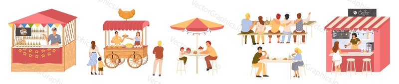 Street food festival scene set with happy people characters. Holiday meal preparation and sale, festive dinner eating, truck service providing vector illustration